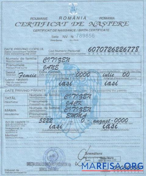 Printable Romania birth certificate template in PSD format